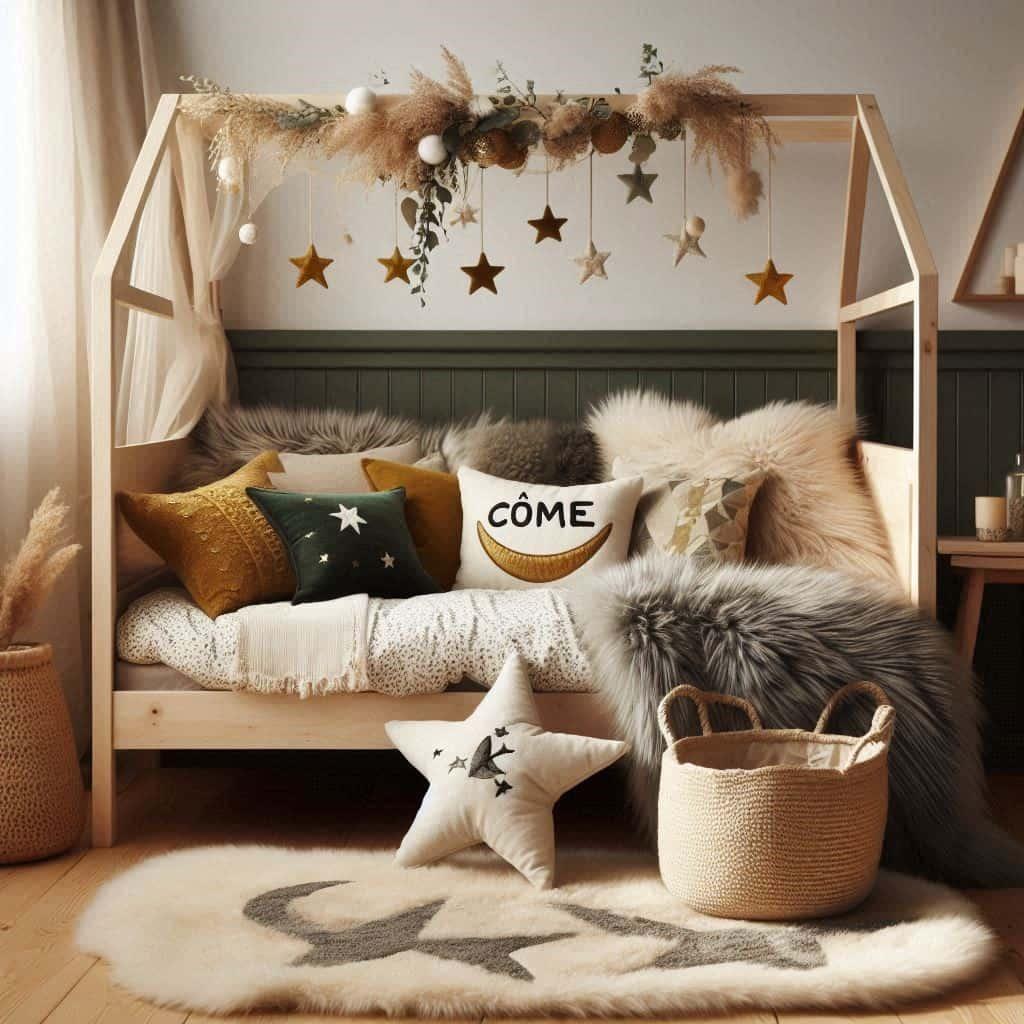 Chambre cocooning couleurs naturelles bois rotin personnalisee avec le prenom come 1