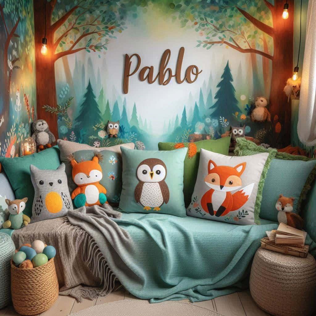 Chambre coin lecture pour enfant theme animaux de la foret prenom pablo