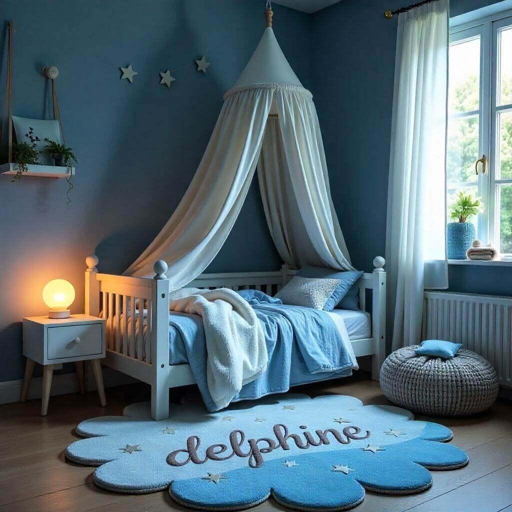 Chambre couleur bleue et blanc personnalisee avec le prenom delphine