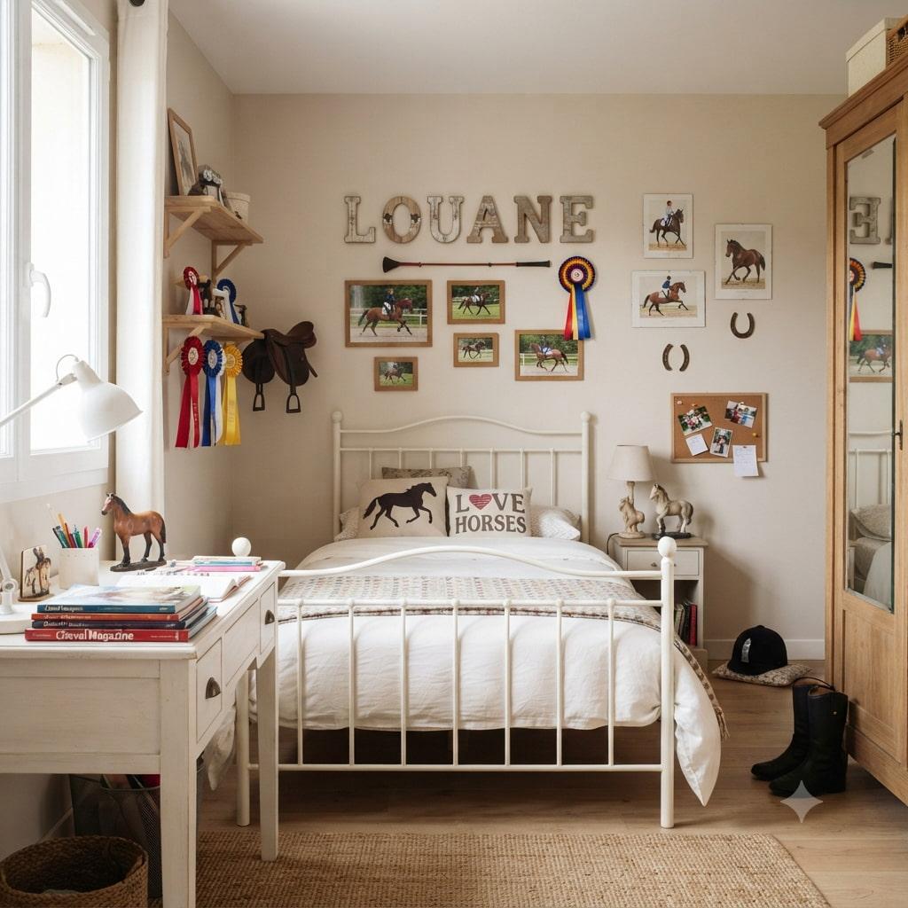 Chambre d adolescente decoree equitation avec lit blanc photos de chevaux trophees bottes et casque d equitation prenom louane au mur