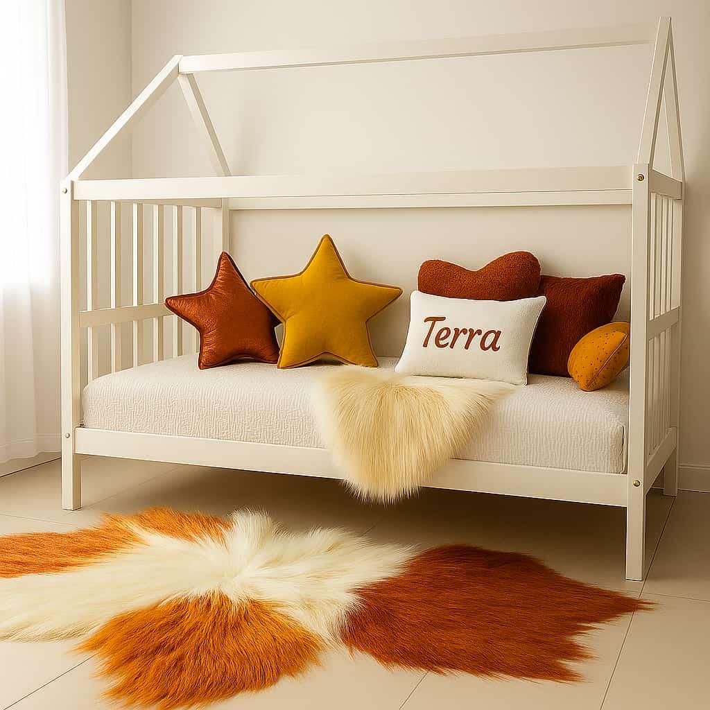 Chambre d enfant avec lit cabane blanc coussins decoratifs orange moutarde et rouge prenom terra brode tapis en fausse fourrure aux tons chauds