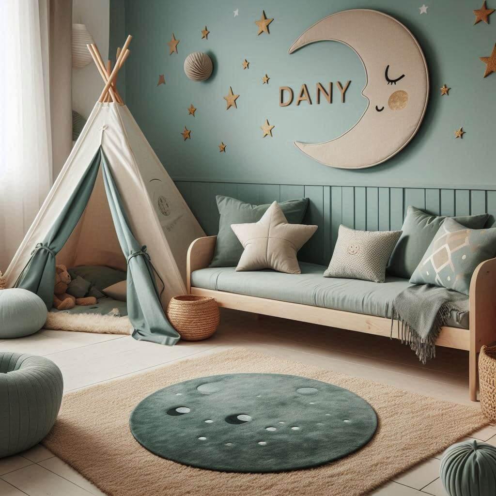 Chambre d enfant avec lit cabane coussins en forme de lune et d etoiles tapis moelleux teintes douces comme vert d eau bleu pale et moutarde prenom dany brode sur un coussin tipi p