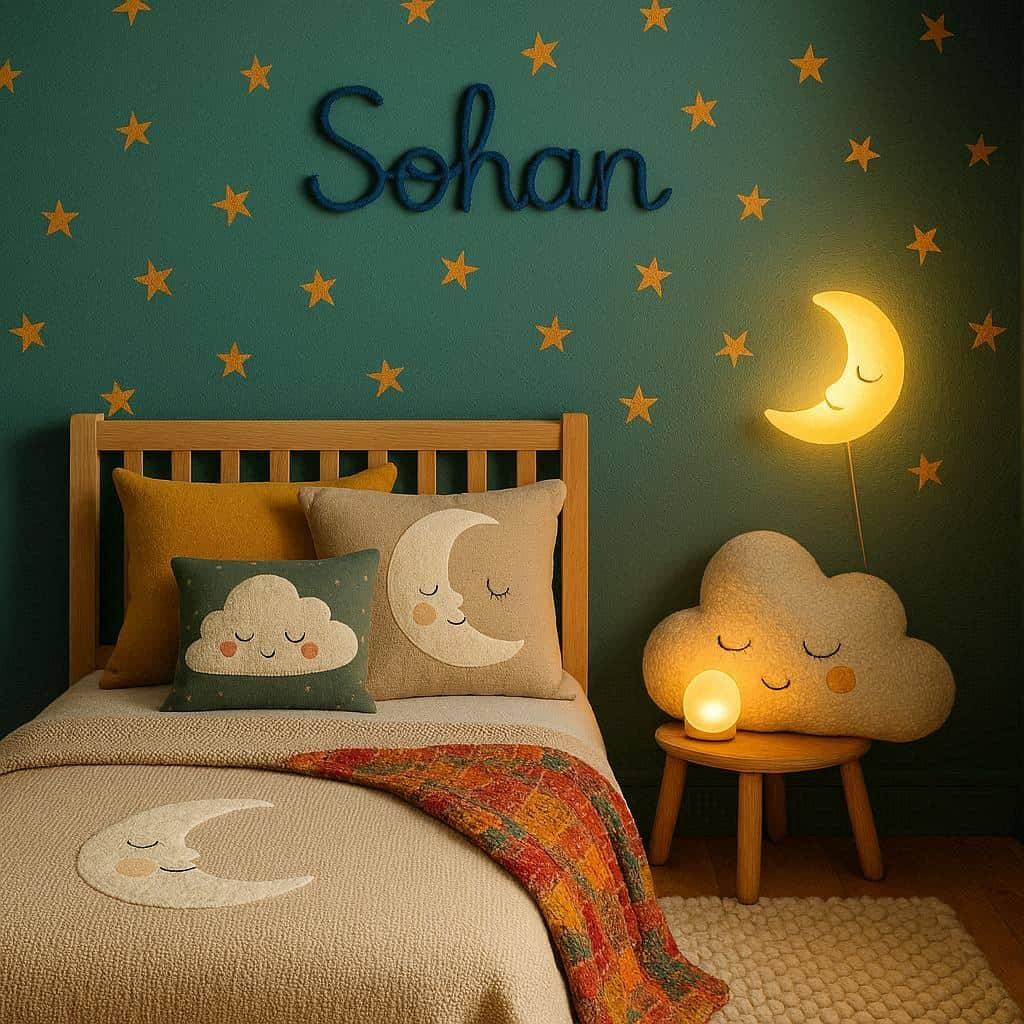 Chambre d enfant cosy avec decor celeste lit en bois et prenom sohan écrit en tricotin sur le mur