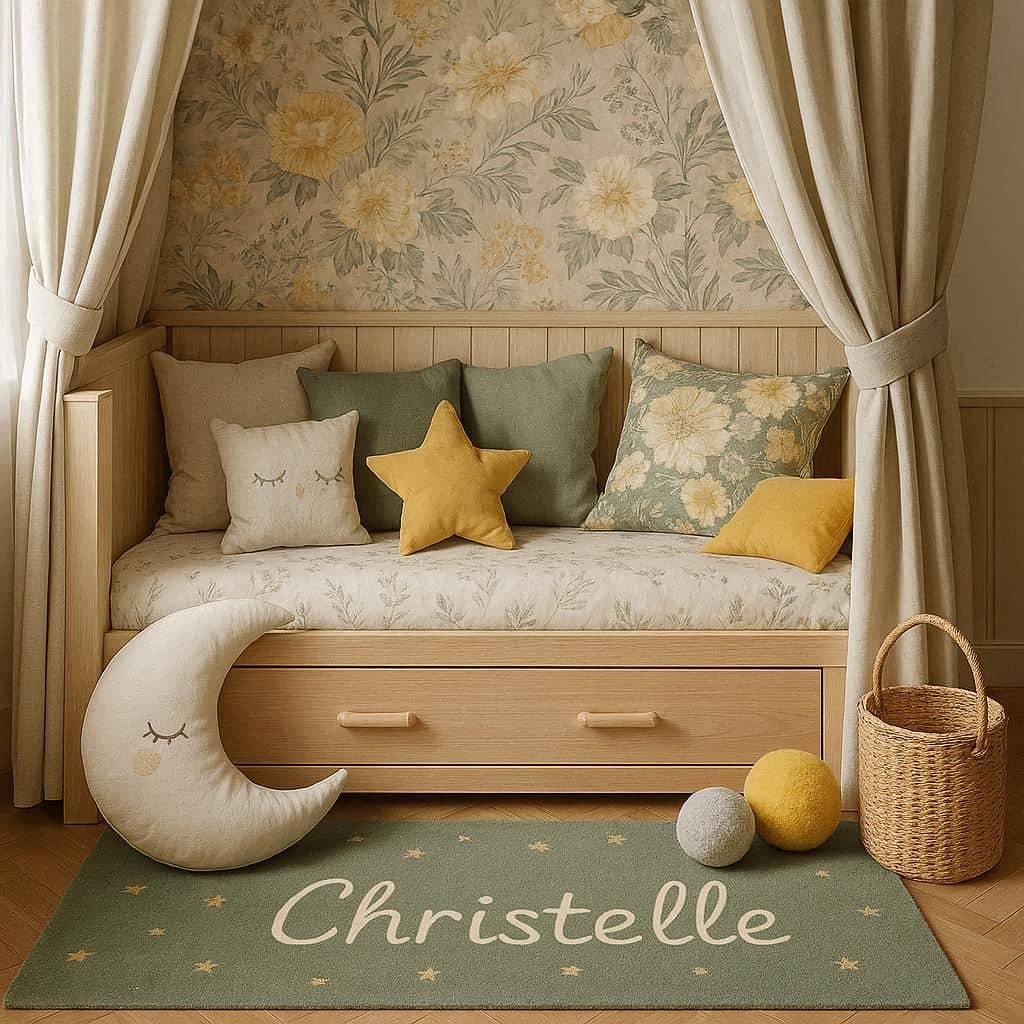 Chambre d enfant cosy avec lit en bois coussins etoile et lune papier peint floral et tapis personnalise christelle deco vintage