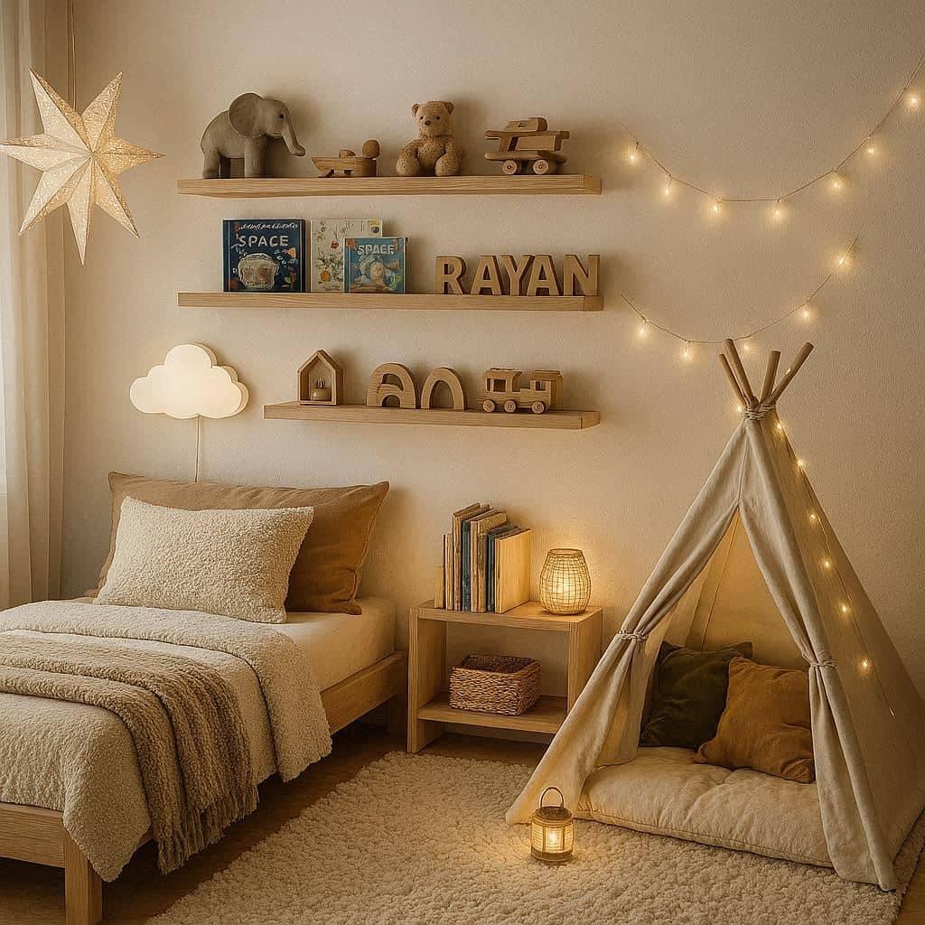 Chambre d enfant cosy avec lit en bois etageres decoratives livres pour enfants lettres rayan tente tipi lumineuse et ambiance chaleureuse