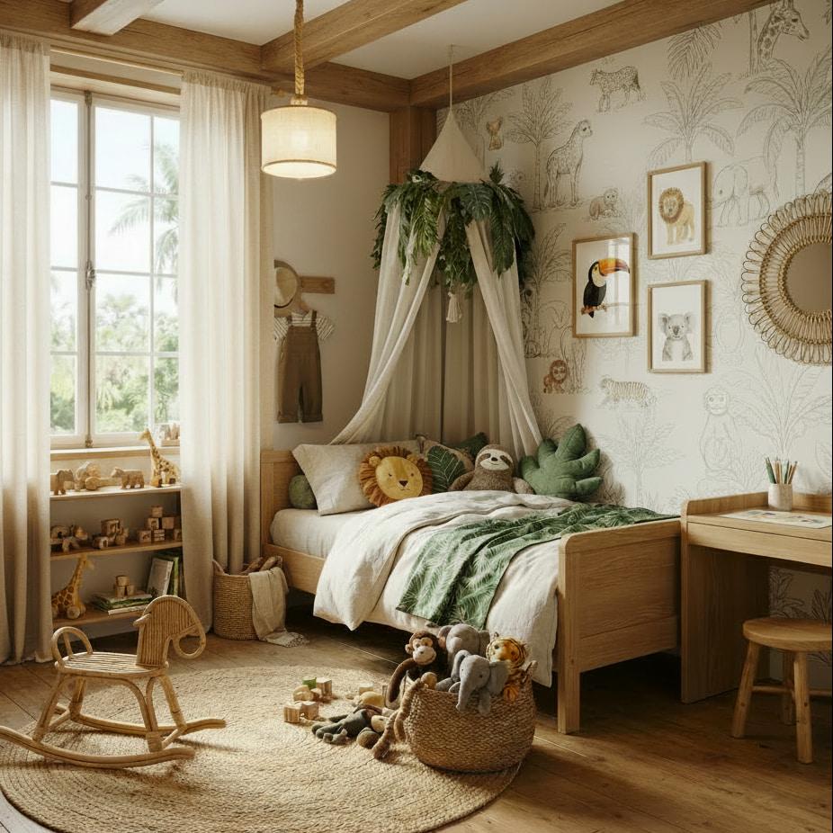 Chambre d enfant deco jungle avec lit en bois canopy feuillage papier peint animaux de la foret tropicale peluches et mobilier naturel