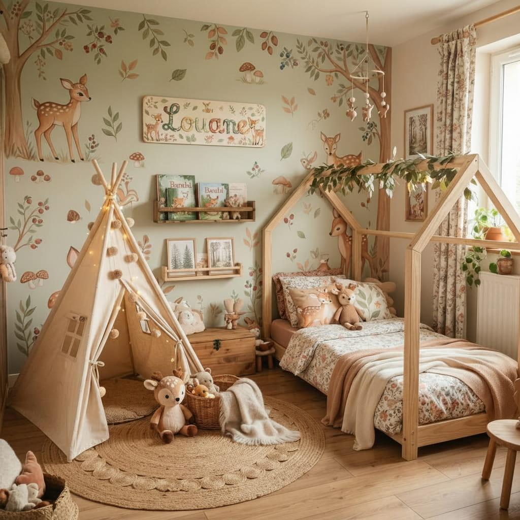 Chambre d enfant decoree sur le theme de la foret avec lit cabane tipi lumineux peluches animaux et mur illustre panneau prenom louane