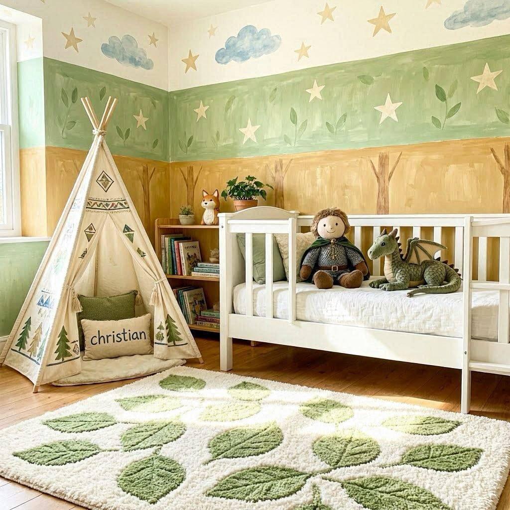 Chambre d enfant decoree sur le theme de la foret des carnutes avec un lit cabane blanc un tipi avec des motifs celtiques un tapis a feuilles et des peluches de chevalier et de dra