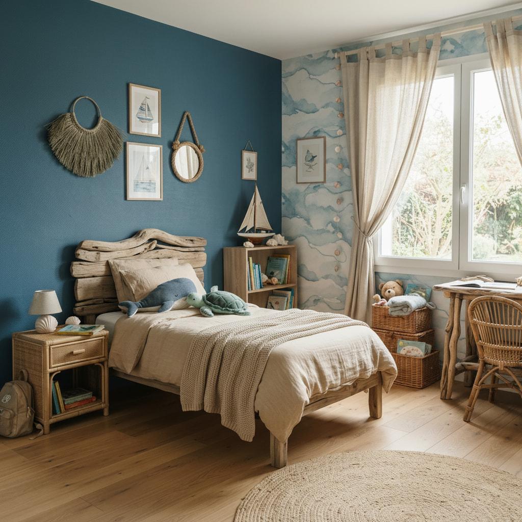 Chambre d enfant decoree sur le theme de la mer avec lit en bois flotte murs bleu marine papier peint motif nuages et peluches marine