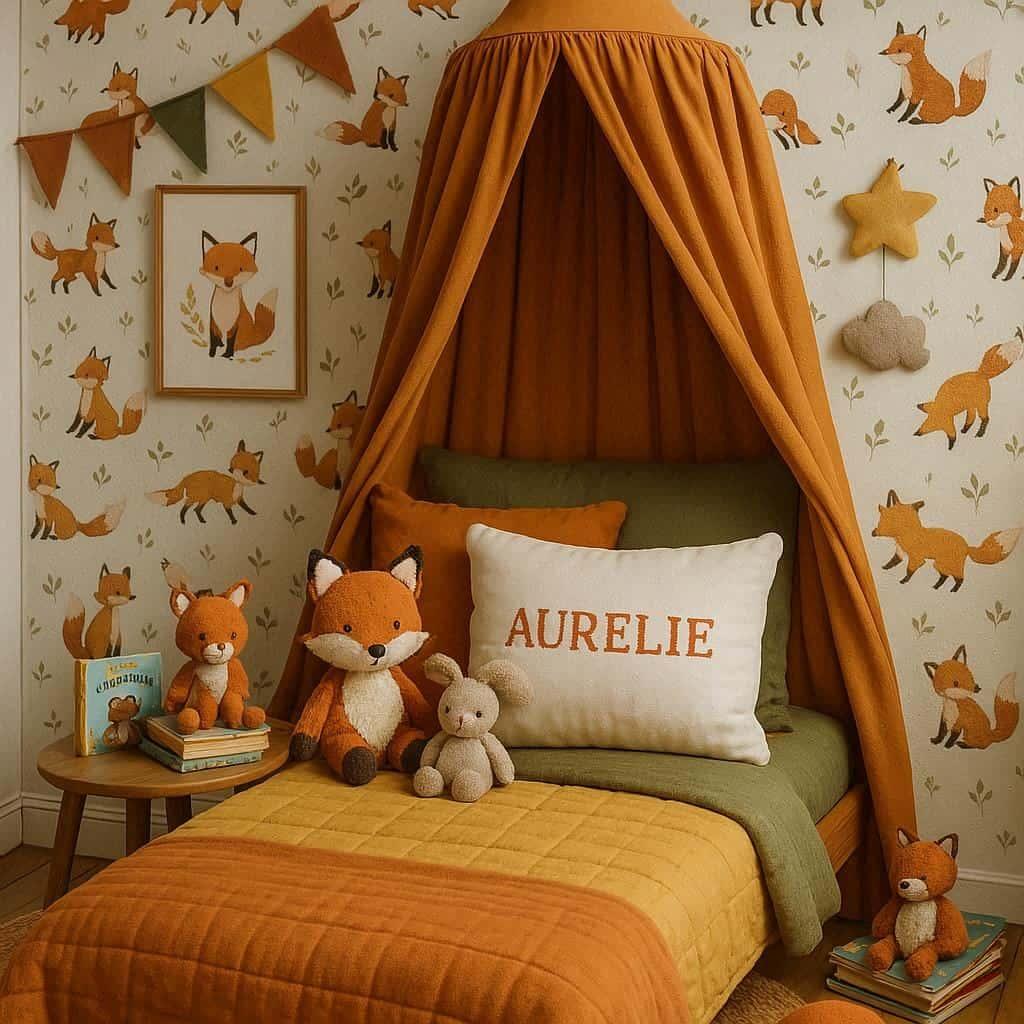Chambre d enfant decoree sur le theme du renard avec le prenom aurelie inscrit sur un coussin papier peint le lit simple est entoure d un ciel de lit aux couleurs orange fonce jaun