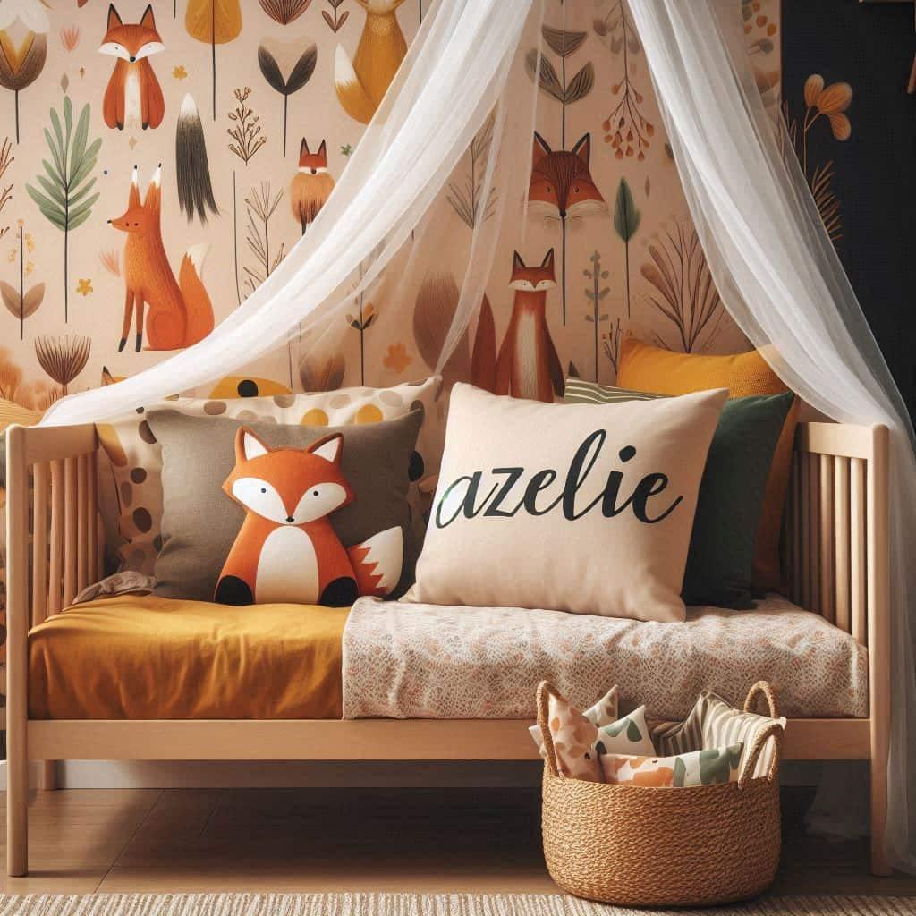 Chambre d enfant decoree sur le theme du renard avec le prenom azelie inscrit sur un coussin papier peint prenom azelie