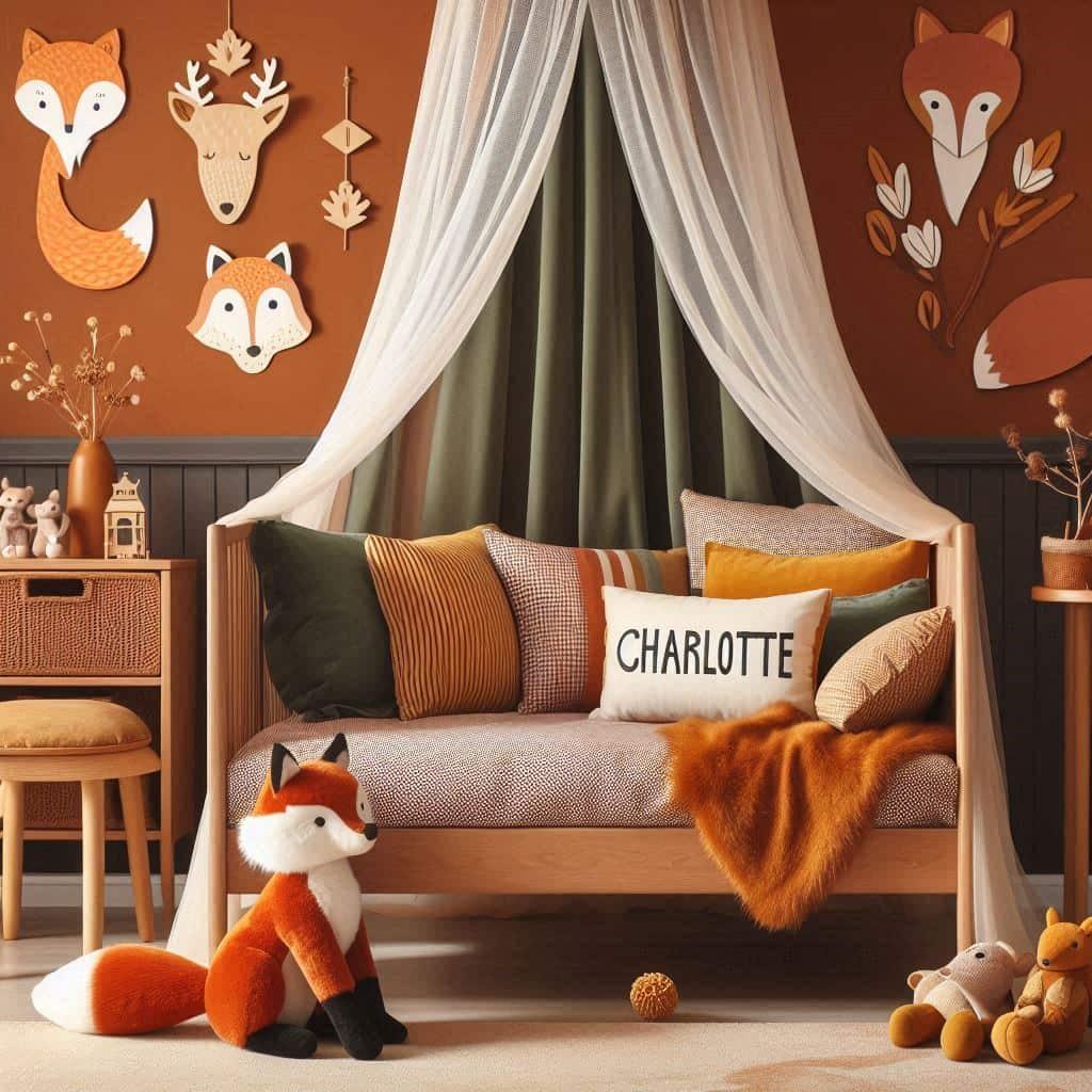 Chambre d enfant decoree sur le theme du renard avec le prenom charlotte inscrit sur un coussin papier peint le lit simple est entoure d un ciel de lit aux couleurs orange fonce ja