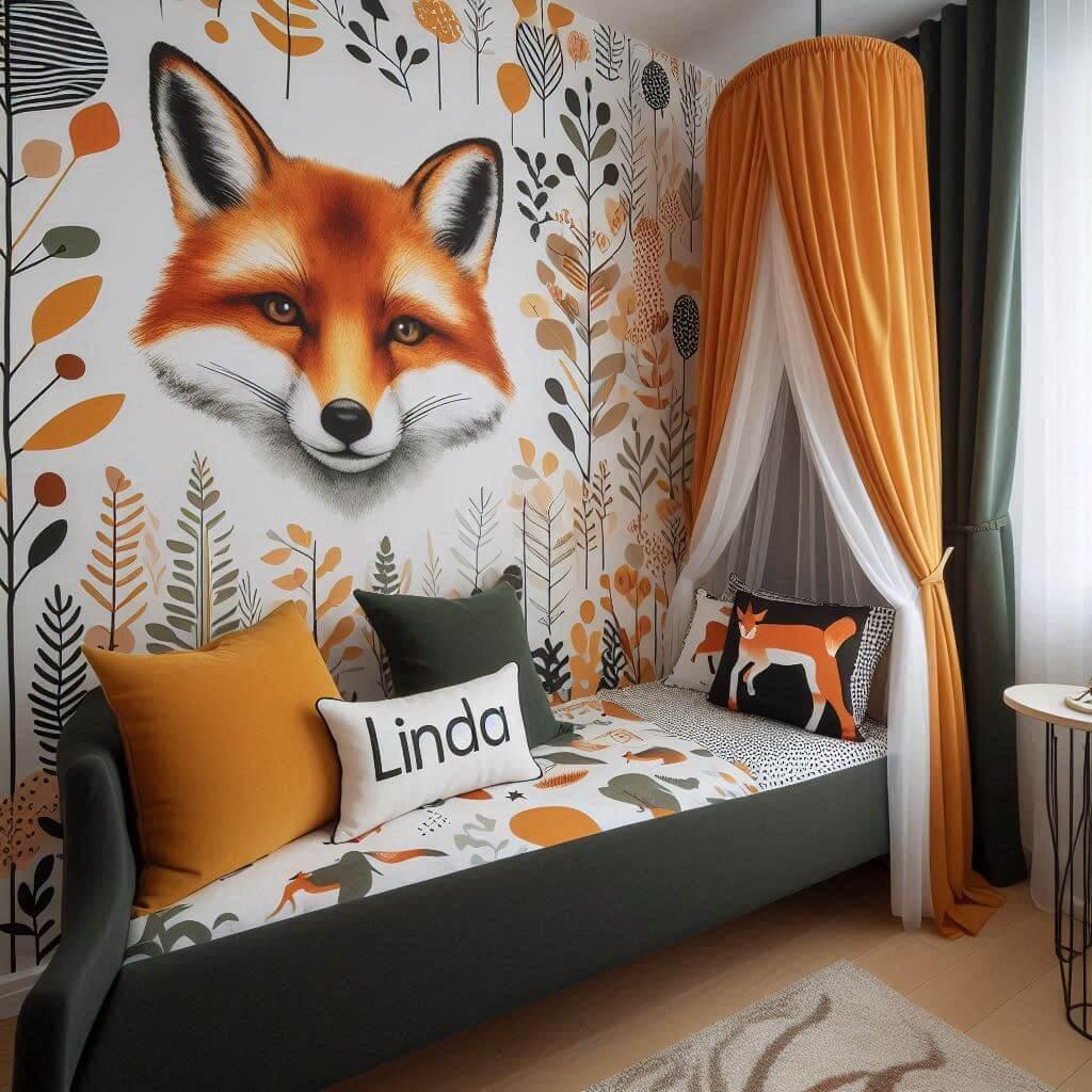 Chambre d enfant decoree sur le theme du renard avec le prenom linda, theme renard, couleurs vertes et oranges