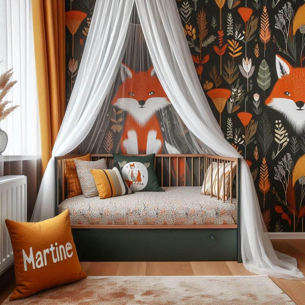 Chambre d enfant decoree sur le theme du renard avec le prenom martine inscrit sur un coussin papier peint le lit simple est entoure d un ciel de lit aux couleurs orange fonce jaun