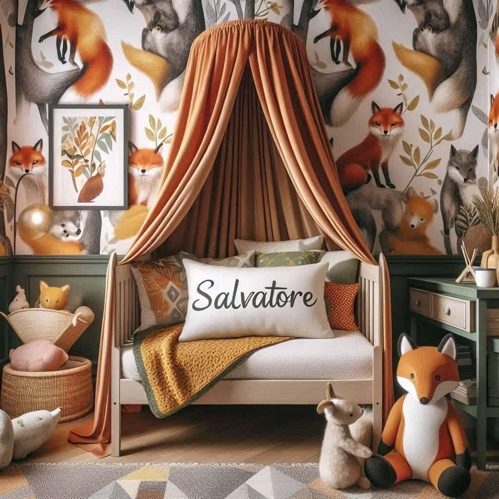 Chambre d enfant decoree sur le theme du renard avec le prenom salvatore inscrit sur un coussin papier peint le lit simple est entoure d un ciel de lit aux couleurs orange fonce ja