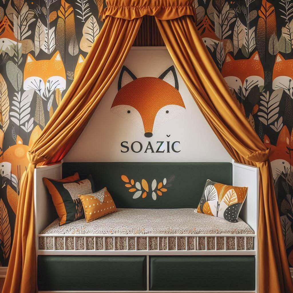 Chambre d enfant decoree sur le theme du renard avec le prenom soazic inscrit sur un coussin papier peint le lit simple est entoure d un ciel de lit aux couleurs orange fonce jaune
