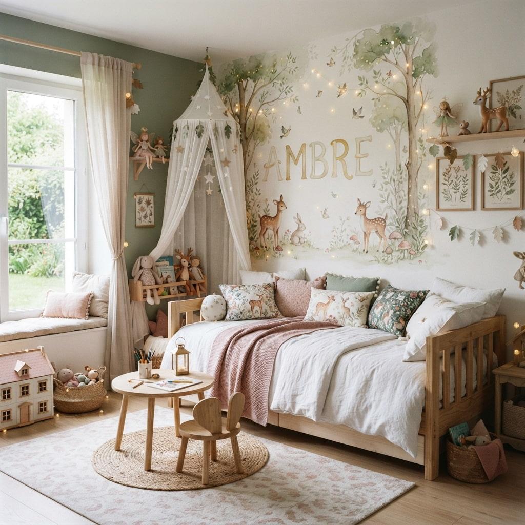 Chambre d enfant decoree sur le theme foret enchantee avec le prenom ambre peint sur le mur dans des tons vert tendre et rose poudre style poetique et feerique