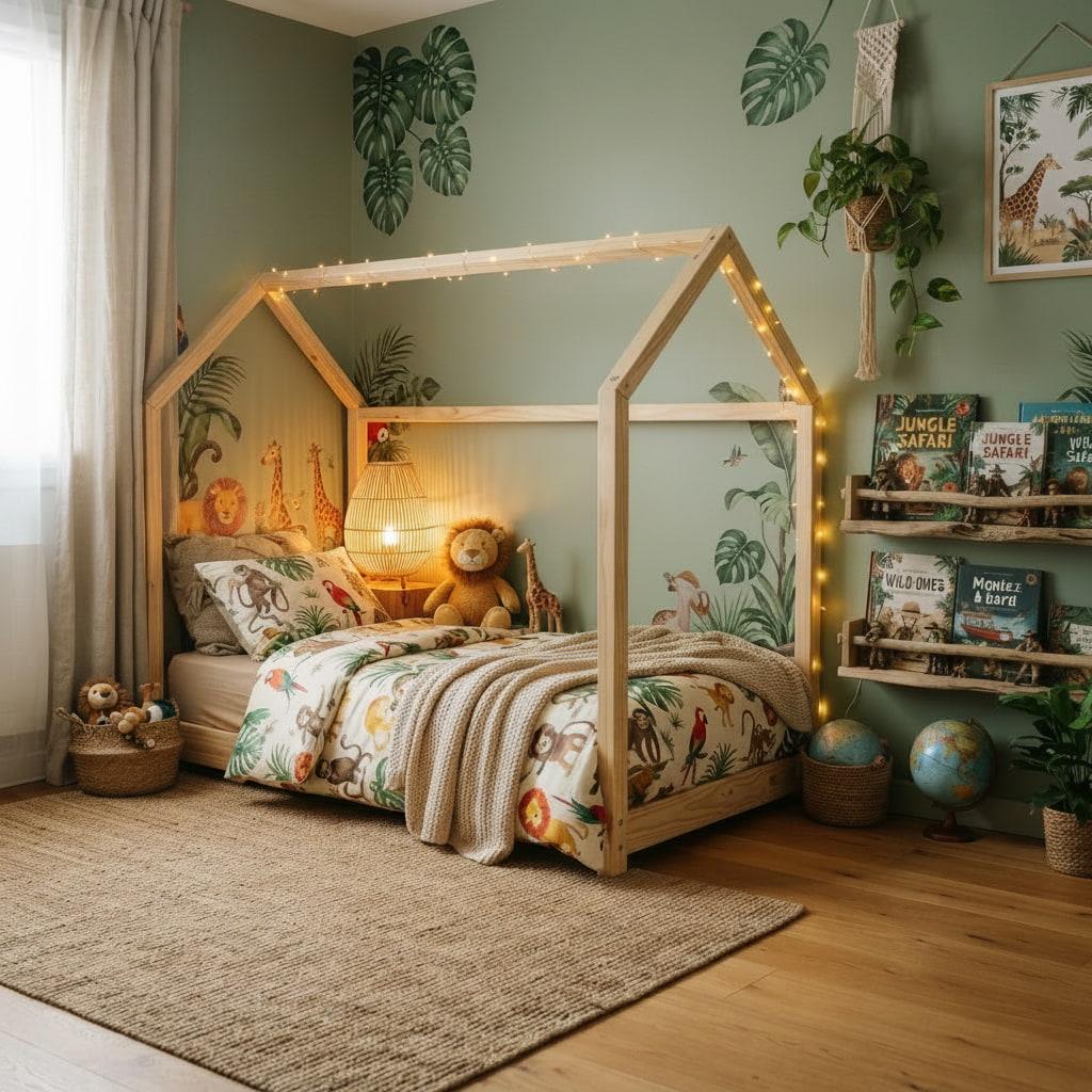 Chambre d enfant decoree sur le theme jungle avec lit cabane en bois feuilles tropicales au mur linge de lit animaux peluche lion et etageres remplies de livres safari