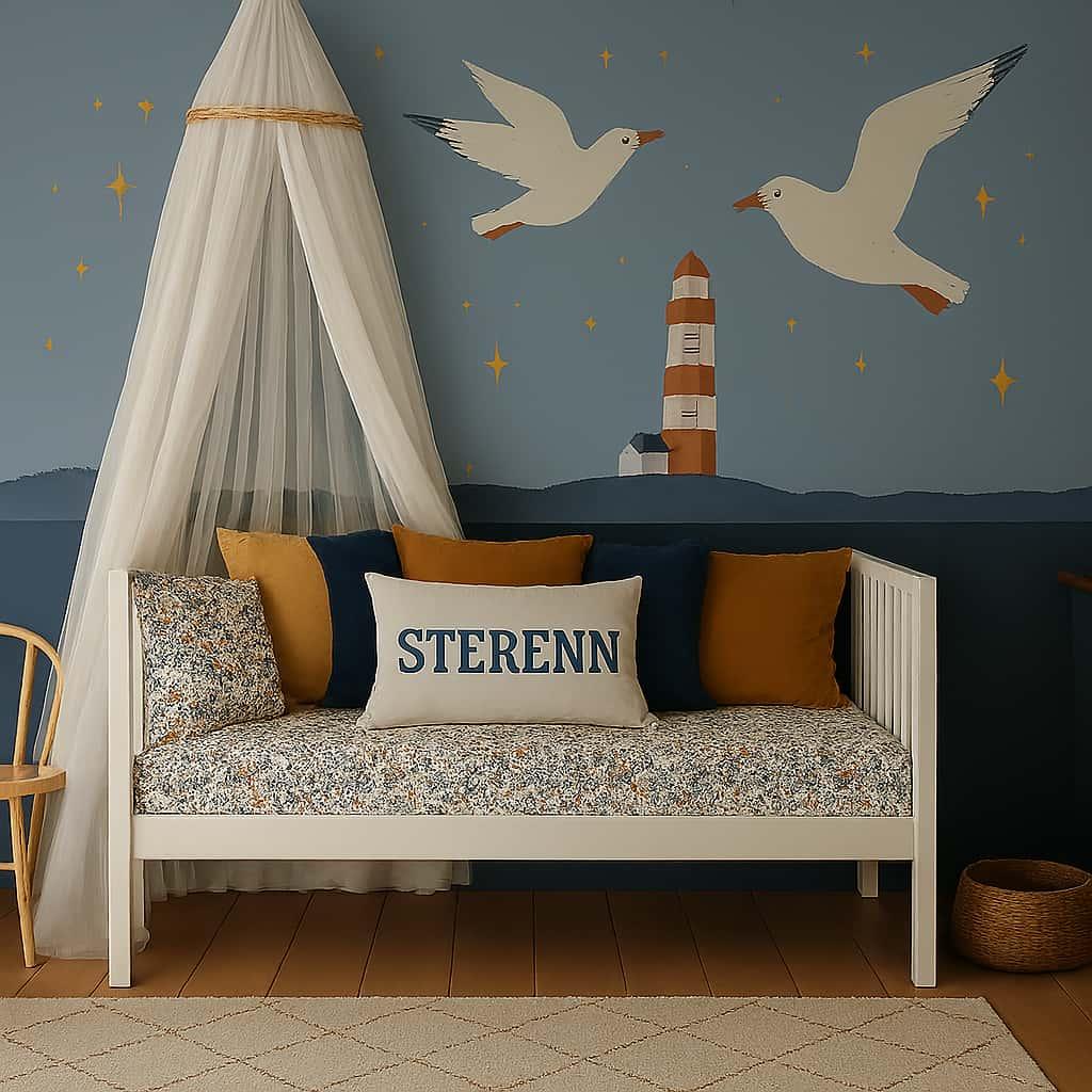 Chambre d enfant decoree sur le theme marin avec coussin brode du prenom sterenn mur peint avec des albatros et un phare lit blanc sous un ciel etoile