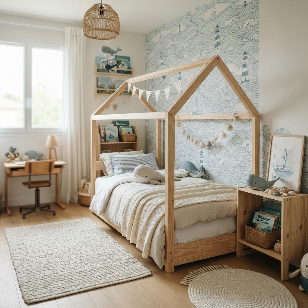 Chambre d enfant decoree sur le theme marin avec un lit cabane en bois papier peint aux motifs de vagues et phares et bureau en bois clair