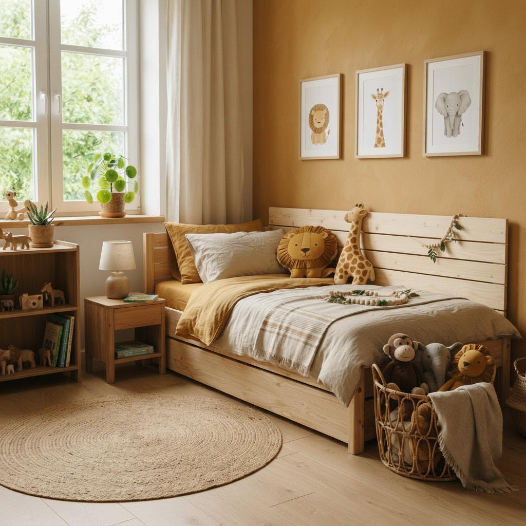 Chambre d enfant decoree sur le theme safari avec un lit en bois brut des murs couleur ocre et des accessoires en rotin dans une ambiance scandinave