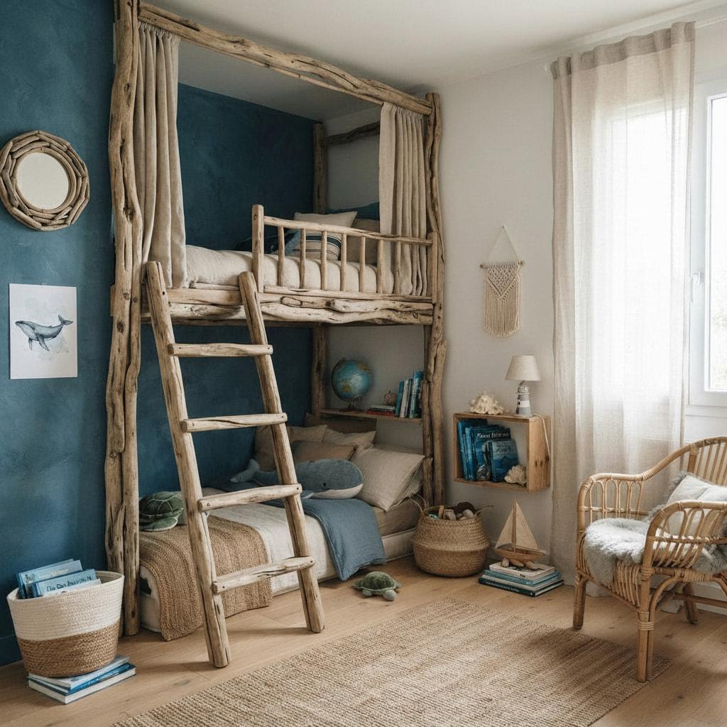 Chambre d enfant epuree style bord de mer avec lit mezzanine en bois flotte decoration naturelle couleurs sable et bleu ocean ambiance apaisante