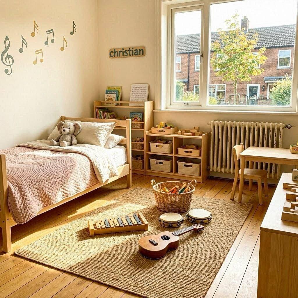 Chambre d enfant montessori sur le theme de la musique avec instruments en bois et prenom christian personnalise baignee de lumiere naturelle 1