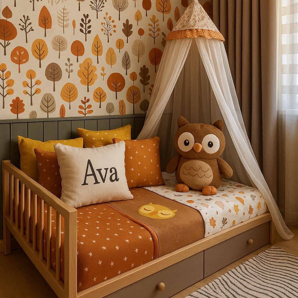 Chambre d enfant personnalise avec le prenom ava theme hibou coussin personnalise ciel de lit lit simple tapisserie foret couleur terracota marron