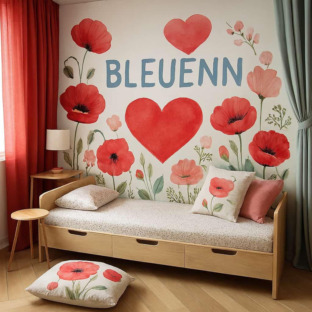 Chambre d enfant personnalisee avec le prenom bleuenn decoree de coquelicots rouges fleurs roses et c ur rouge sur une fresque murale lit en bois clair avec coussins floraux ambian