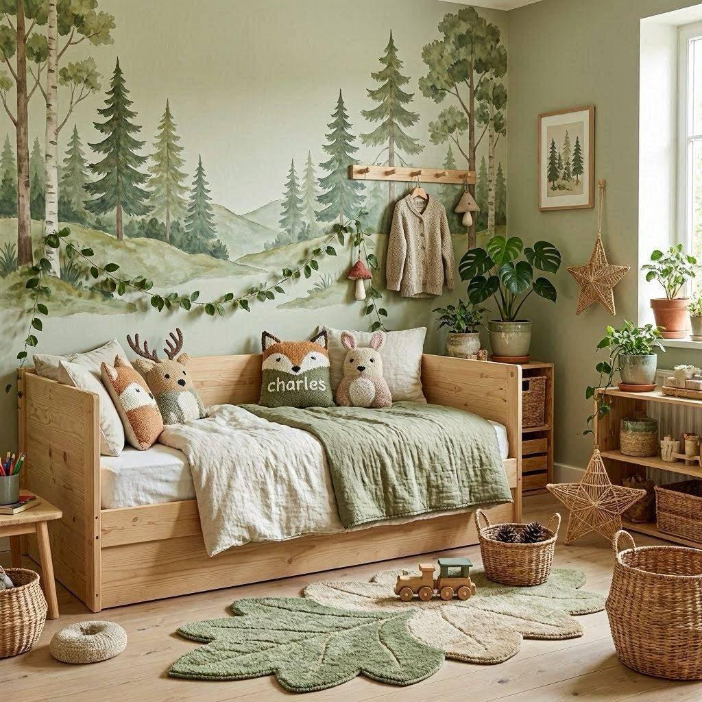 Chambre d enfant style scandinave avec coussin personnalise au prenom charles et decoration foret