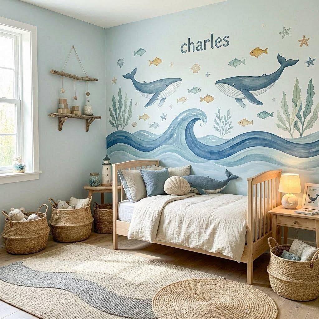 Chambre d enfant style scandinave et naturel avec une decoration murale sur le theme de l ocean des baleines peintes et le prenom charles inscrit au mur