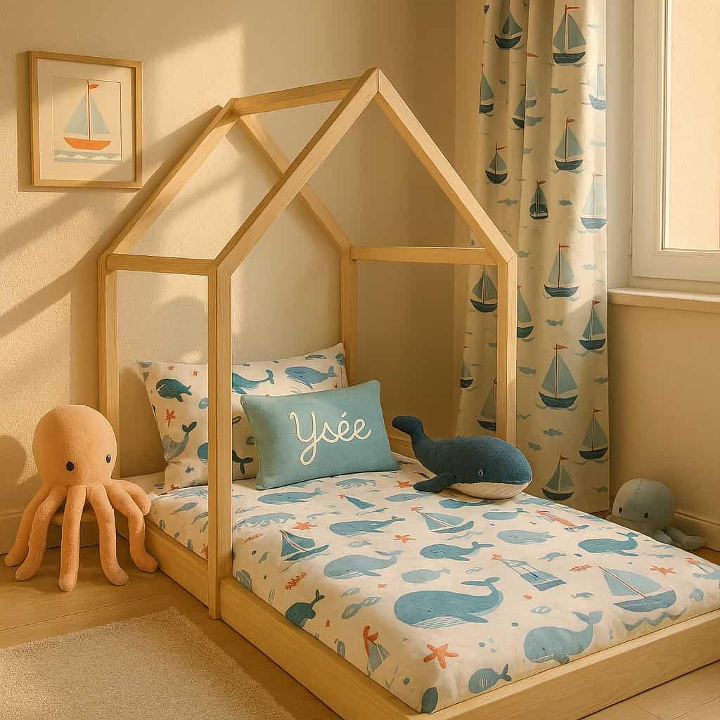 Chambre d enfant sur le theme de la mer coussin personnalise avec le prenom ysee lit montessori peluche poulpe peluche baleine draps motifs baleine