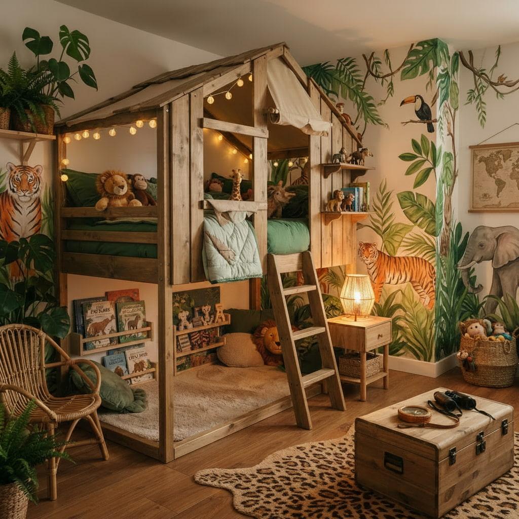 Chambre d enfant sur le theme jungle avec lit cabane mur peint de tigre elephant et toucan peluches lions et girafes mobilier en bois et tapis leopard 1