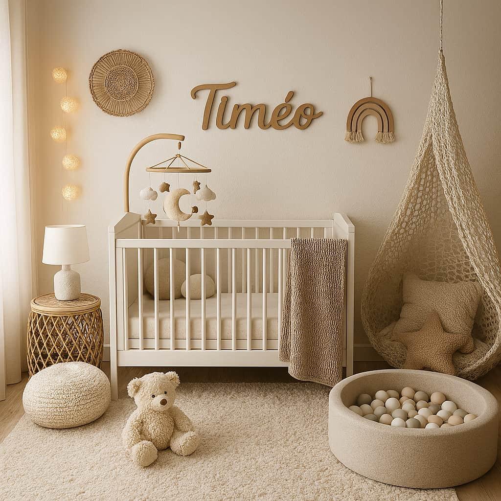 Chambre de bebe cocooning personnalisee timeo avec deco sensorielle lumiere douce et ambiance chaleureuse
