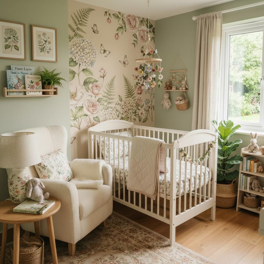Chambre de bebe decoree sur le theme jardin botanique avec lit a barreaux blanc papier peint floral vintage et fauteuil boucle ambiance apaisante et tendance