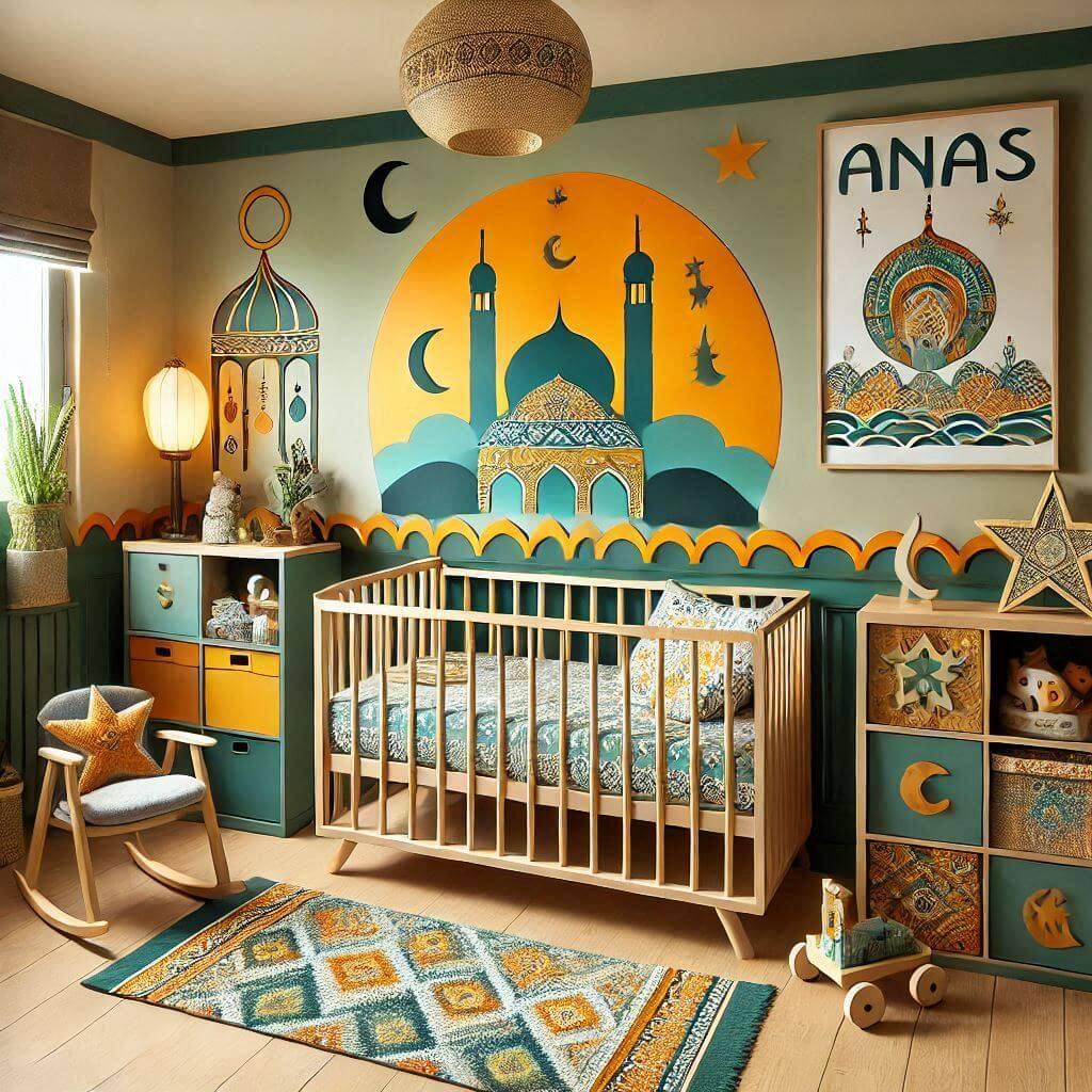 Chambre de bebe garcon avec le prenom anas un lit cabane et un theme oriental couleur vert orange jaune