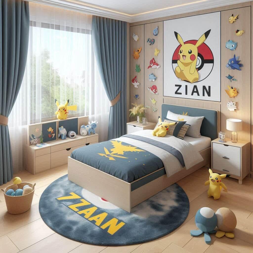 Chambre de bebe garcon avec le prenom ecrit zian sur le theme pokemon lit simple stickers tapis rideaux motif pokemon peluche sur le tapis