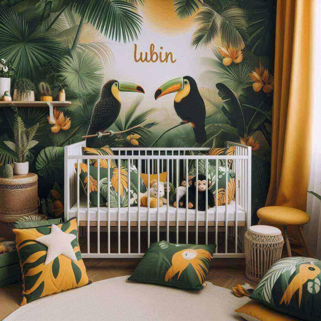 Chambre de bebe inspire de la jungle tropicale avec des tons de verts de jaunes et d oranges des coussins en forme de toucans et de singes et le prenom lubin