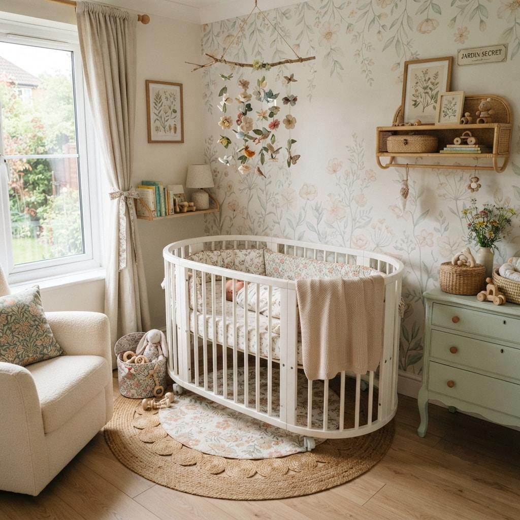 Chambre de bebe moderne au style jardin floral avec lit a barreaux ovale papier peint botanique decoration tendance en matieres naturelles et teintes douces