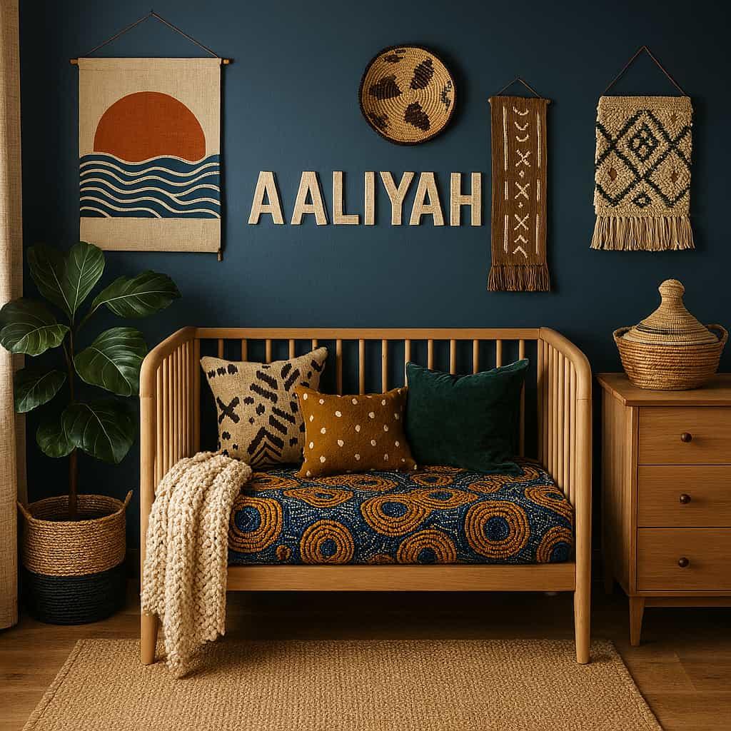 Chambre de bebe personnalisee avec le prenom aaliyah decoree dans le theme cultural kids influences artisanales du monde entier avec textiles wax bogolan motifs berberes et japonai