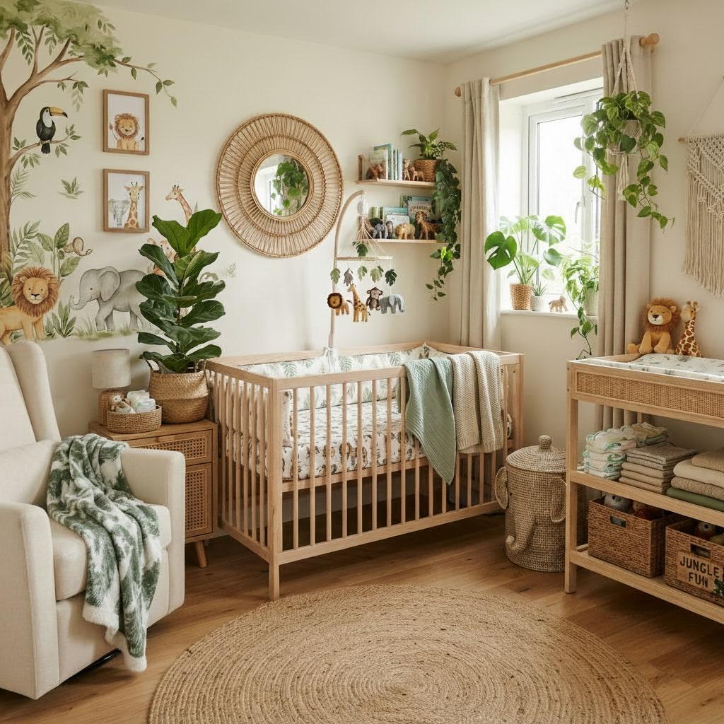 Chambre de bebe theme safari avec lit en bois decoration murale d animaux de la jungle miroir en rotin et plantes vertes style naturel et boheme