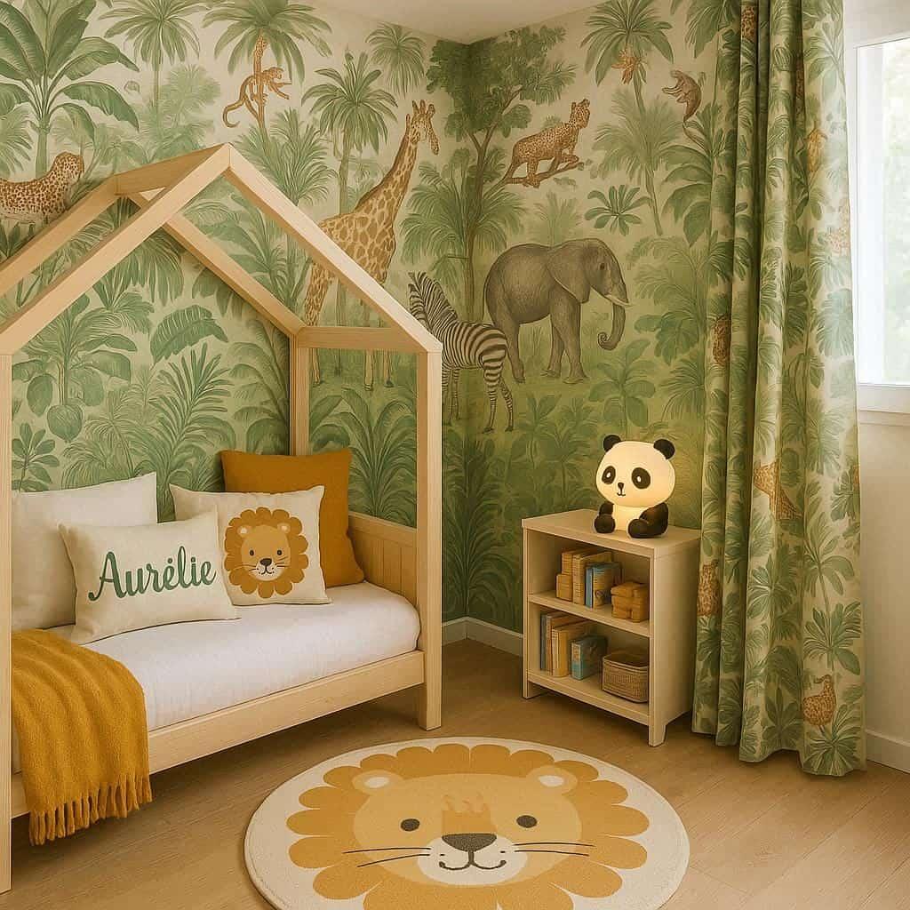 Chambre de fille decoree sur le theme des animaux de la jungle avec le prenom aurelie ecrit en francais inscrit sur un coussin papier peint jungle lit cabane des rideaux un tapis p