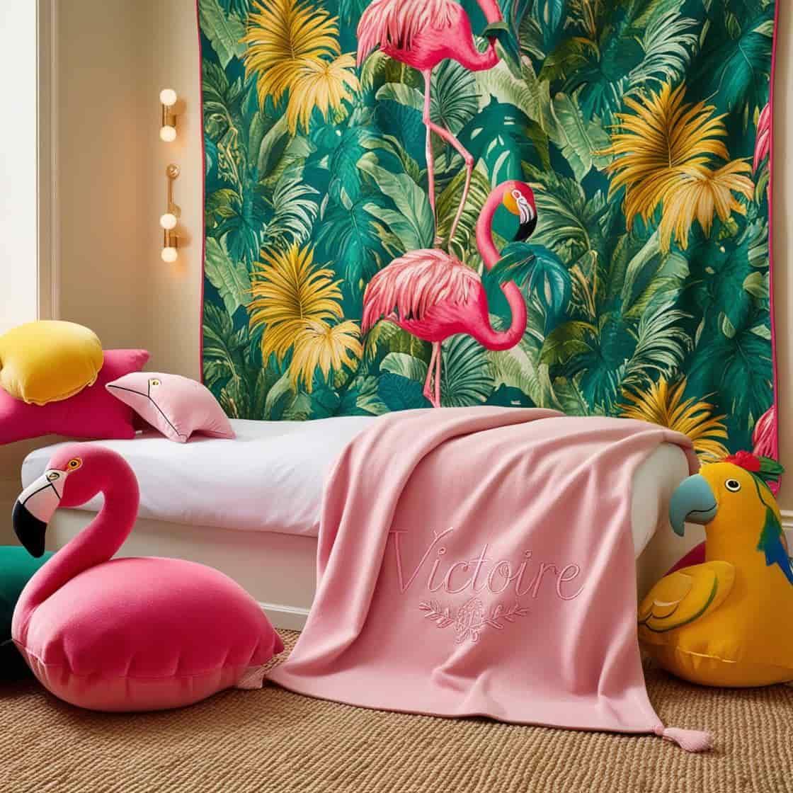 Chambre de fille tapisserie jungle tropicale avec des tons de verts de jaunes et de rose des coussins en forme de flamant rose et de perroquet et le prenom victoire brode sur une c