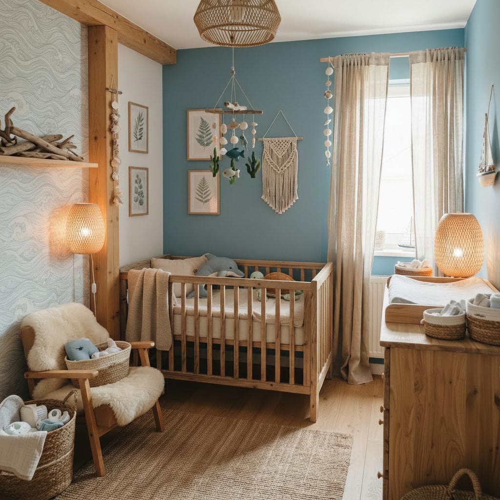 Chambre de nourrisson theme mer avec lit en bois brut decoration en rotin bois flotte coussins dauphin et tortue et murs bleu ocean