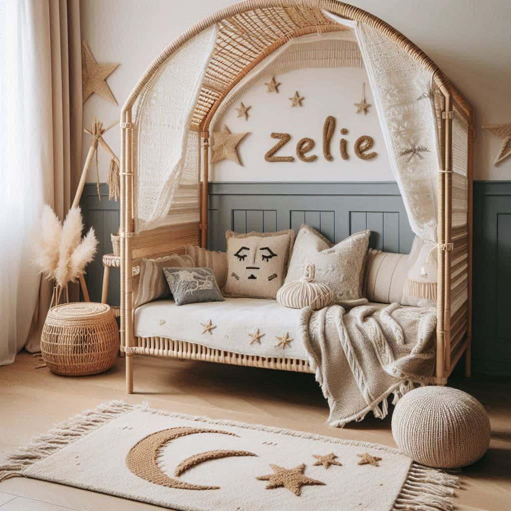 Chambre de petit fille au nom zelie avec lit cabane en rotin tapis en laine moelleuse style boheme chic deco douce et naturelle coussins en lin brode en forme d etoiles et de lune