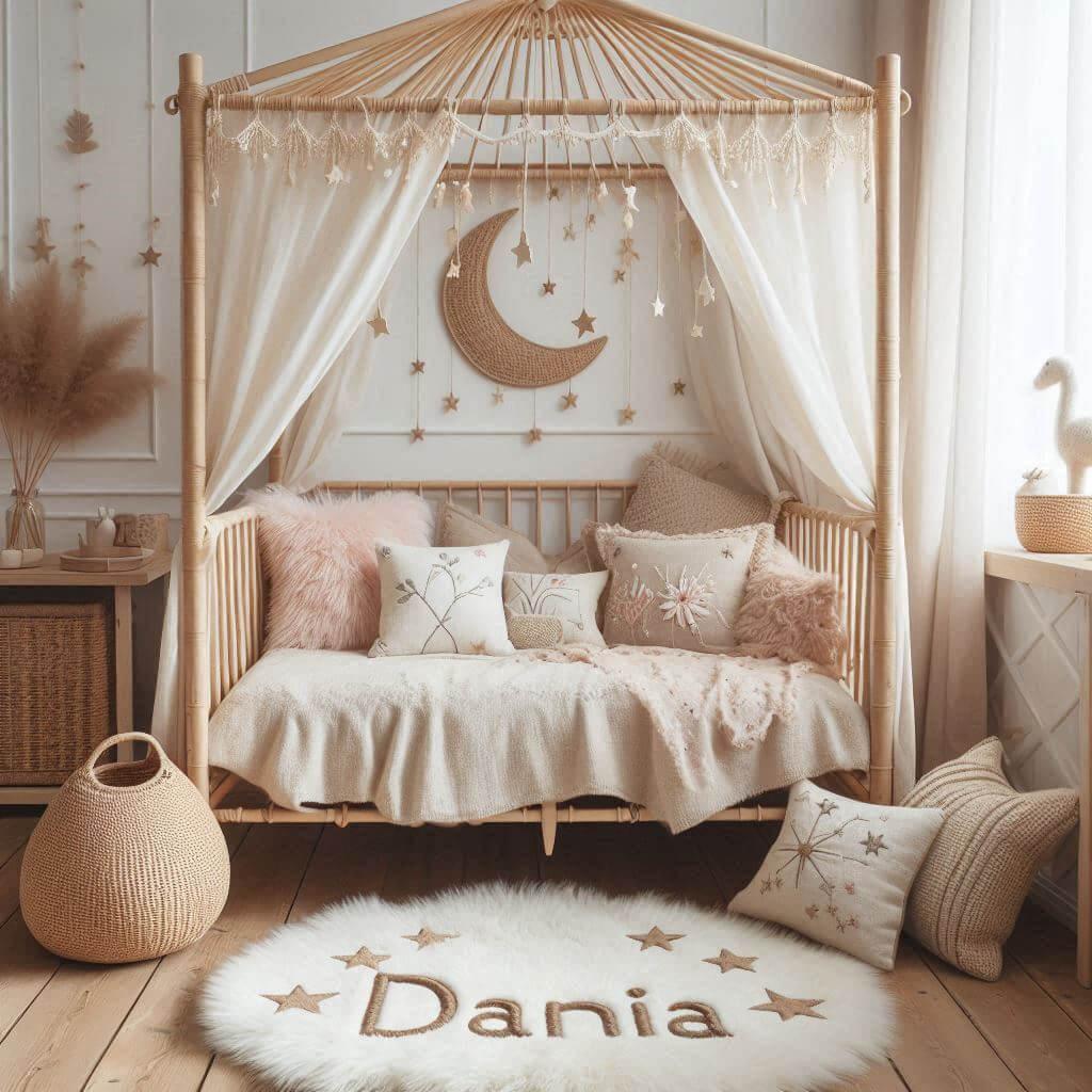 Chambre de petit fille nomme dania ecrit en francais avec lit cabane en rotin tapis en laine moelleuse style boheme chic deco douce et naturelle coussins en lin brode en forme d et