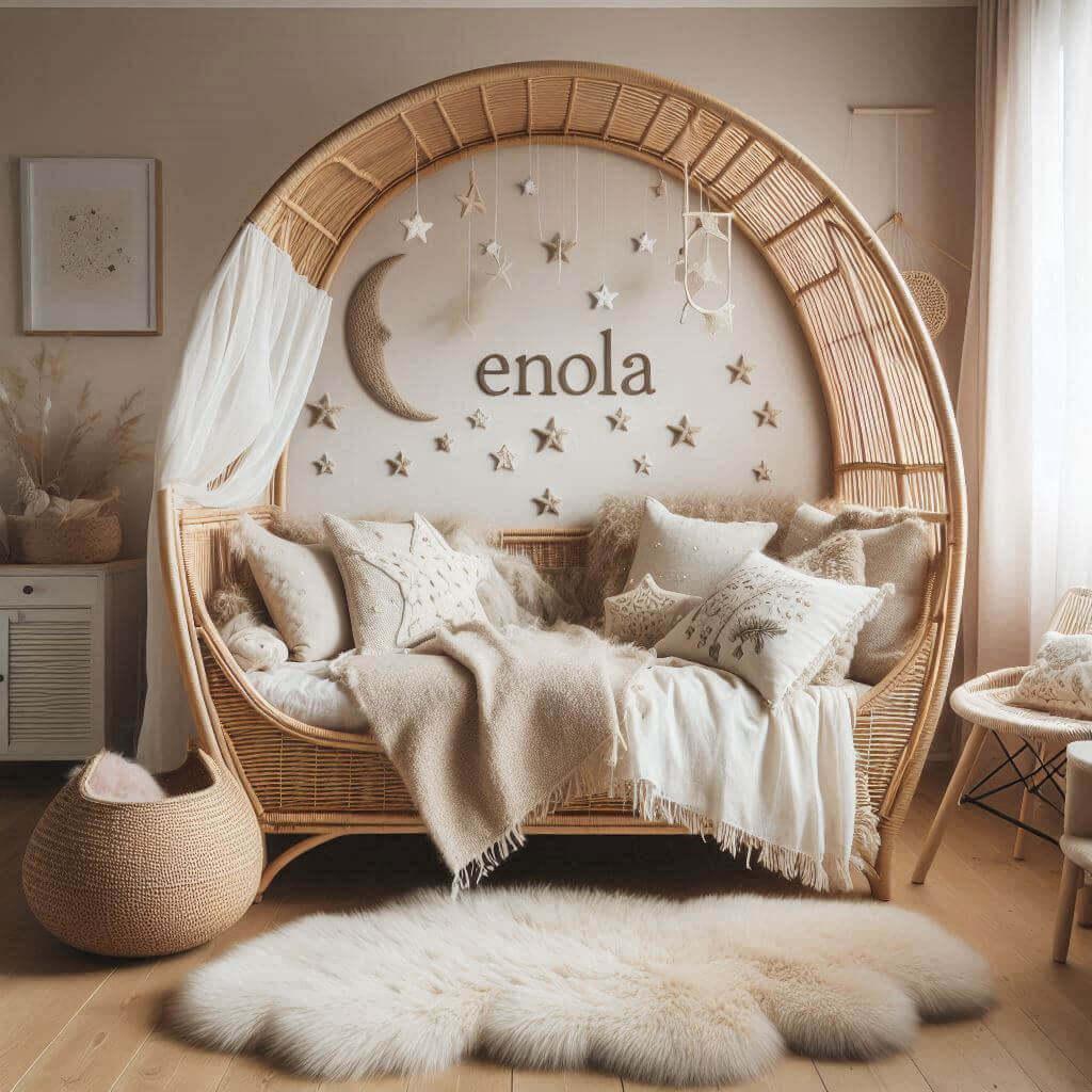 Chambre de petit fille nomme enola ecrit en francais avec lit cabane en rotin tapis en laine moelleuse style boheme chic deco douce et naturelle coussins en lin brode en forme d et