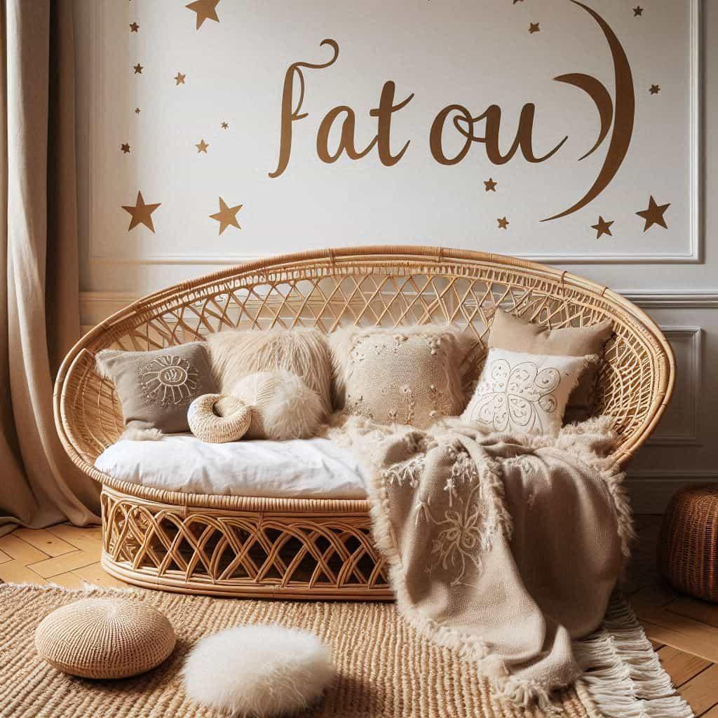 Chambre de petit fille nomme fatou ecrit en francais avec lit cabane en rotin tapis en laine moelleuse style boheme chic deco douce et naturelle coussins en lin brode en forme d et