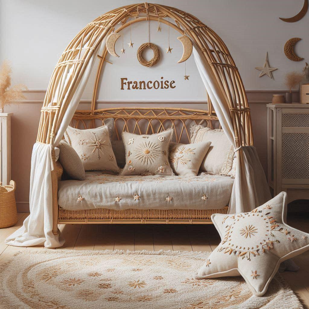 Chambre de petit fille nomme francoise ecrit en francais avec lit cabane en rotin tapis en laine moelleuse style boheme chic deco douce et naturelle coussins en lin brode en forme