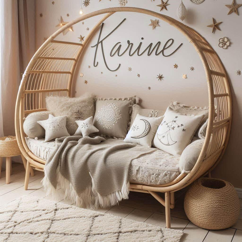 Chambre de petit fille nomme karine ecrit en francais avec lit cabane en rotin tapis en laine moelleuse style boheme chic deco douce et naturelle coussins en lin brode en forme d e